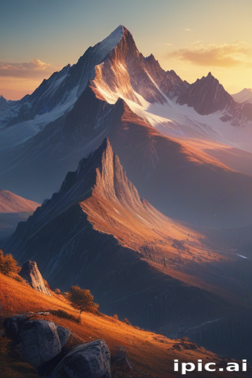 Majestic Mountain Landscape at Sunset with Dramatic Peaks and Warm Colors