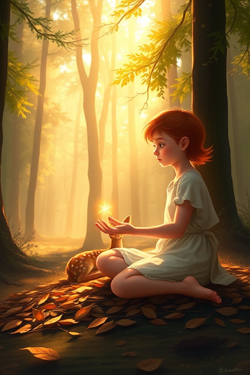 A luminous digital painting of a serene forest scene featuring a barefoot young female, about 7 years old, with red hair and fair skin, dressed in a simple white outfit. He sits cross-legged on the forest floor, gazing at a small, glowing, magical firefly in his hand. Beside him, a delicate spotted deer lies calmly on a bed of dried leaves, observing the scene. The dense forest is bathed in warm, golden light filtering through the trees, creating a peaceful, magical atmosphere with a blend of natural and mystical elements.
