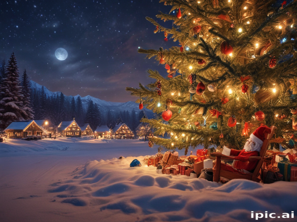Cozy Winter Scene Featuring a Decorated Christmas Tree and Santa Claus