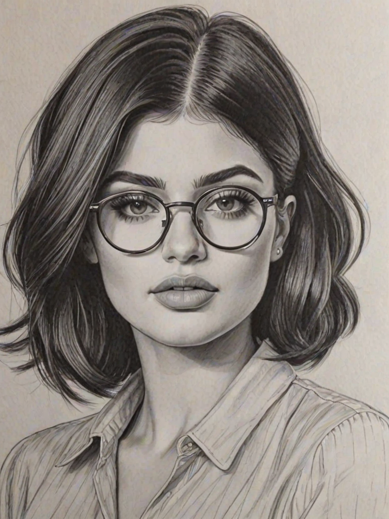 Beauteous Kylie Jenner, pencil sketch, portrait of Bewitching woman 1938s in glasses, hair style beatnik, outline, clear lines, fine lines, 8k