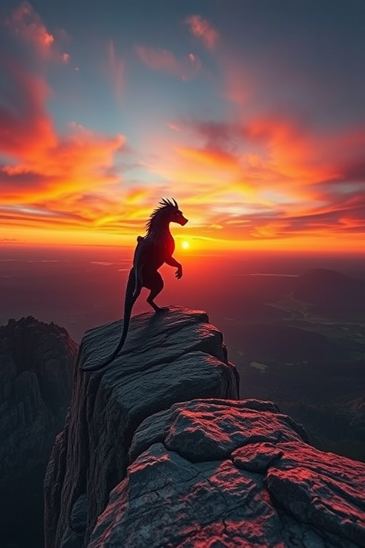 Generate a detailed image of a mythical creature standing majestically on a rocky cliff overlooking a vibrant sunset, captured with a Canon EOS R5, with a 35mm lens, aperture f/2.8, ISO 100, at a low angle perspective for enhanced depth and color richness.