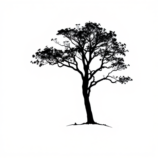 Create a minimalist black silhouette design of a tree against a white background, shot with a Canon EOS R5 at f/8, ISO 100, 1/200s, using a macro lens for sharp detail, in natural light.