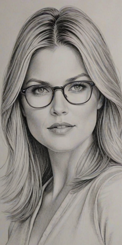 Alluring Ali Larter, pencil sketch, portrait of Delightful woman 1977s in glasses, hair style beatnik, outline, clear lines, fine lines, 8k