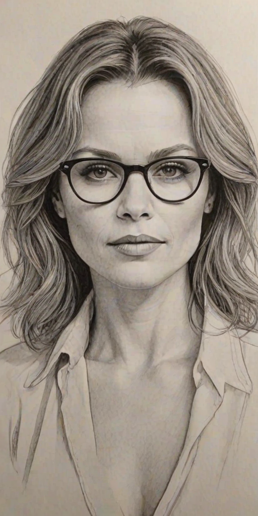 Magnificent Dina Meyer, pencil sketch, portrait of Sublime woman 1979s in glasses, hair style beatnik, outline, clear lines, fine lines, 8k