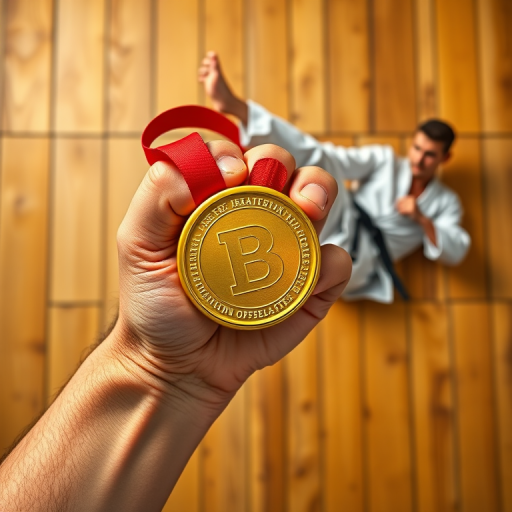 Generate a dynamic illustration of a fist holding a gold medal while a martial artist in a white gi performs a kick in the background, shot with a 50mm lens, f/2.8 aperture, 1/200s shutter speed, vibrant colors, and a flat lay camera angle.