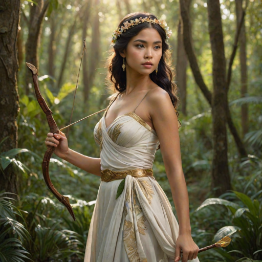 Create a portrait of a goddess-like Pacific Islander girl figure in a tranquil, forested environment. She has an elegant appearance with long, wavy hair styled in an updo and adorned with a delicate, floral headband. She wears a flowing, ancient Greek-inspired gown in a soft, pale color, featuring a one-shoulder design and draped fabric that accentuates her graceful form. The outfit includes a decorative belt with ornate gold detailing, and she holds a bow in her hand, with a quiver of arrows slung over her shoulder. The background depicts lush greenery, with sunlight filtering through the trees, casting a gentle, ethereal light on the scene. Her expression is calm and contemplative, embodying a sense of wisdom and serenity.