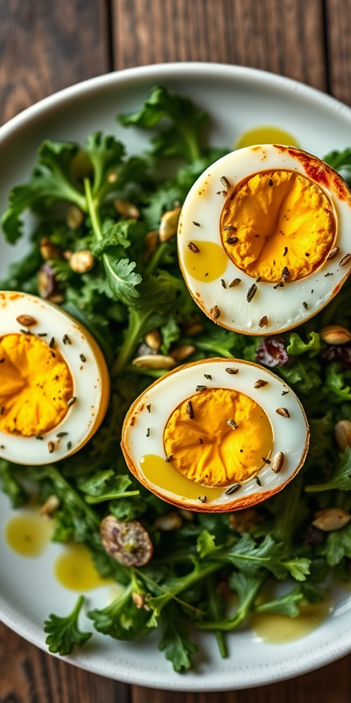 Capture a close-up of a plate featuring three halved scotch eggs on a bed of mixed greens, drizzled with olive oil and adorned with herbs and seeds, natural lighting, aperture f/2.8, ISO 200, 50mm lens, shallow depth of field, top-down view, DSLR camera.