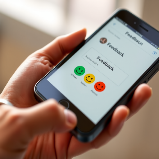 A person holding a smartphone with a feedback interface showing smiley icons in green, yellow, and red, soft natural lighting, shallow depth of field, 50mm lens, f/1.8 aperture, ISO 200, taken with a DSLR camera.