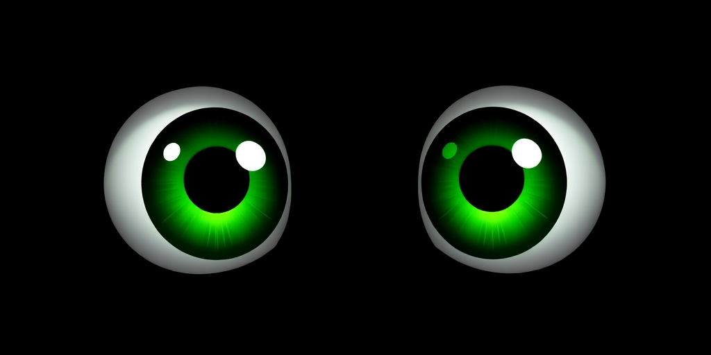 Create a high-resolution digital illustration of large, bright green cartoon eyes against a solid black background, using a Canon EOS 5D Mark IV camera with a 50mm f/1.8 lens, aperture set to f/1.8, ISO 100, and a shallow depth of field to enhance visual clarity and softness around the edges.