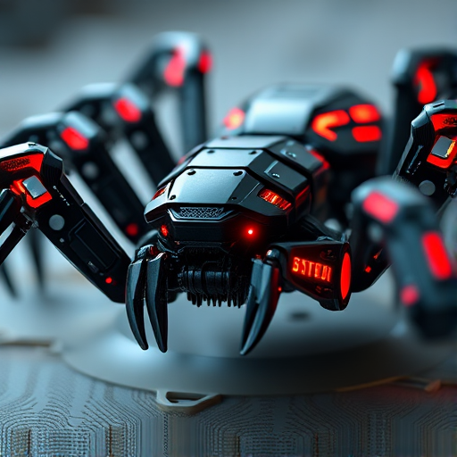 Create a high-resolution 3D render of a robotic spider with intricate mechanical details and glowing red highlights, using a DSLR camera with a 50mm lens, aperture set to f/2.8, ISO 100, focused at an angle of 45 degrees, and a shallow depth of field to emphasize the subject against a blurred background.