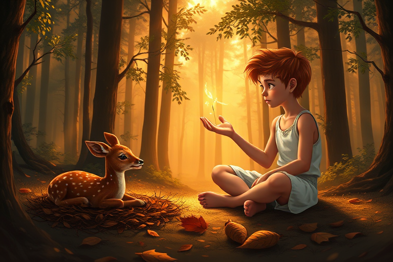 A luminous digital painting of a serene forest scene featuring a barefoot young male, about 7 years old, with orange hair and fair skin, dressed in a simple white outfit. He sits cross-legged on the forest floor, gazing at a small, glowing, magical firefly in his hand. Beside him, a delicate spotted deer lies calmly on a bed of dried leaves, observing the scene. The dense forest is bathed in warm, golden light filtering through the trees, creating a peaceful, magical atmosphere with a blend of natural and mystical elements.