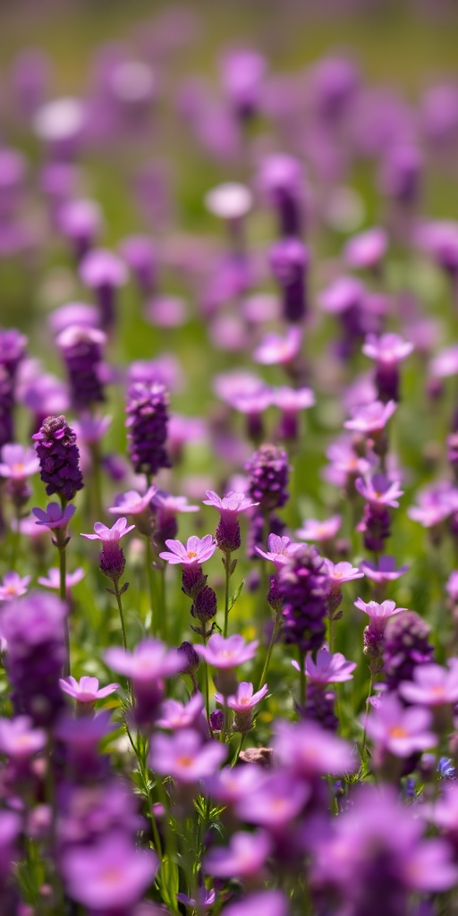 vibrant field of purple flowers in full bloom with a blurred foreground, soft focus background, bright daylight, shallow depth of field, ISO 200, f/2.8, 1/500s, 50mm lens, DSLR camera, natural light photography