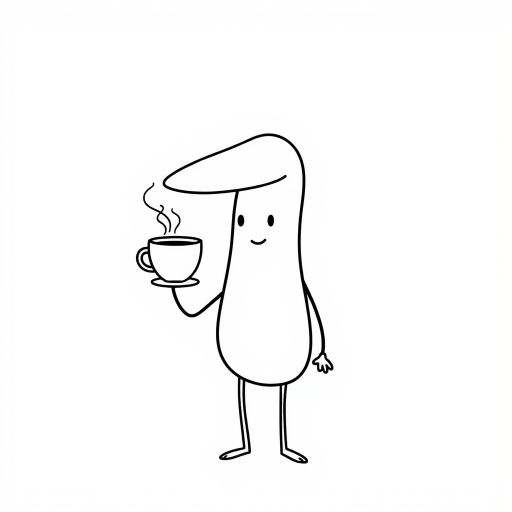 A simple cartoon character with a long oval head and a neutral expression holding a steaming cup of coffee with one hand while the other hand is positioned near its body, drawn in a minimalistic black line style against a plain white background.