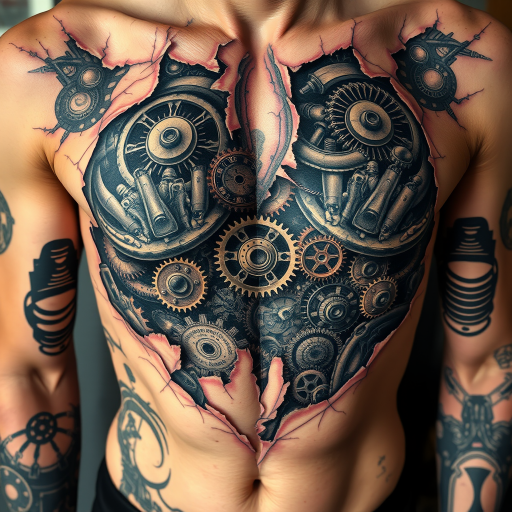 Surrealist biomechanical tattoo revealing intricate gears and machinery beneath torn skin, combining hyperrealistic elements with sci-fi inspired components, sprawling across the ribcage