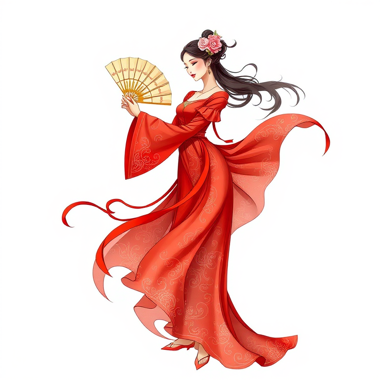 Create an illustration of a woman in a flowing red gown with intricate patterns, holding a decorative fan and wearing a flower in her hair, captured in a dynamic pose; use a DSLR camera with a 50mm lens, f/1.8 aperture, 1/200s shutter speed, and natural lighting to enhance vivid colors and details.