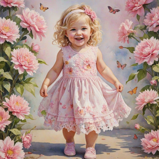 hyperrealism happy smiling toddler girl with messy wavy blonde hair with a headband, she is wearing a pink and white lace dress with pink and white shoes, she is holding a pink bouquet of flowers. Pink flowers and butterflies. summer background. Watercolor Highly detailed