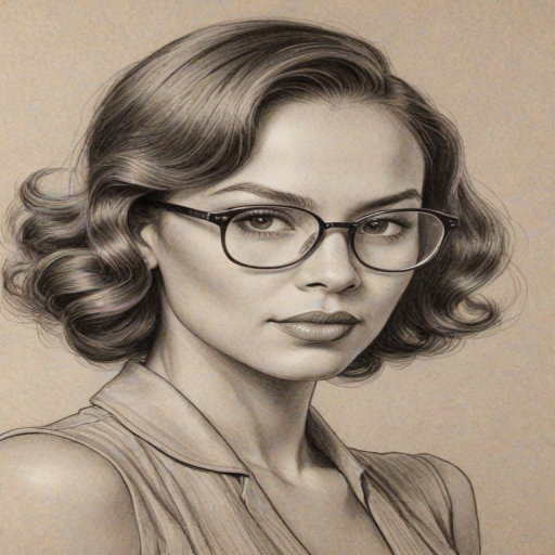 Exquisite Toni Trucks, pencil sketch, portrait of Gorgeous woman 1930s in glasses, hair style beatnik, outline, clear lines, fine lines, 8k