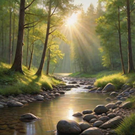 Create an image of a serene, sunlit forest scene with a clear, gently flowing river. Tall trees with lush green foliage line both sides of the river, their leaves bathed in the warm golden light of the setting or rising sun. The sunlight filters through the trees, casting soft, dappled light on the river, which flows over smooth rocks and pebbles, creating a peaceful, natural atmosphere. The sky is bright with a few scattered clouds, and the overall mood is tranquil, evoking a deep sense of connection with nature. The image captures the beauty of a calm, pristine forest landscape at either dawn or dusk.
