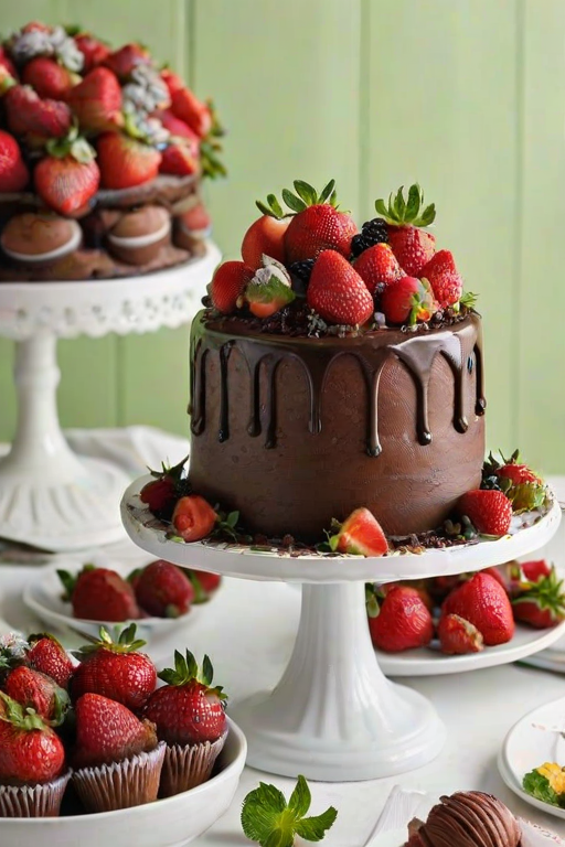 Create an image of a three-tiered chocolate cake decorated with fresh strawberries and mint leaves, placed on a white cake stand. Surround the cake with an assortment of chocolate cupcakes topped with various berries and a sprinkle of powdered sugar. The background should feature a softly lit, elegant dining setting.