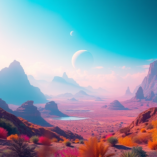 Create a vibrant 2024 digital artwork featuring a futuristic landscape, use a Canon EOS R5 with a 24-70mm f/2.8 lens at ISO 100, aperture f/8, shutter speed 1/125s, wide-angle view, vivid colors, and dramatic lighting to enhance the quality and depth of the scene.
