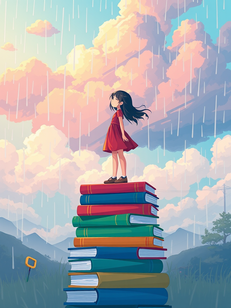 Create a vibrant digital illustration of a girl standing on a pile of colorful books with a dreamy sky full of clouds and raindrops, using a DSLR camera with a 50mm lens, f/1.8 aperture, ISO 100, and a slight vignette effect for enhanced depth and quality.