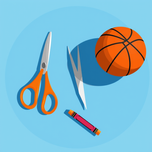 Create an illustration featuring a basketball, a pair of scissors, and a crayon on a blue circular background, shot with a DSLR camera at f/2.8 aperture, 50mm lens, ISO 100, natural lighting, and a shallow depth of field to emphasize the objects.