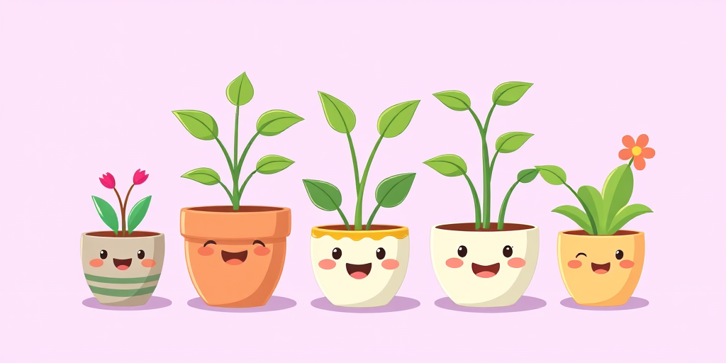Create a vibrant, cartoon-style illustration of cute potted plants with expressive faces on a soft lavender background, using a Canon EOS R5 with a 50mm lens at f/1.8, ISO 100, and a bright lighting setup for enhanced color saturation and contrast.