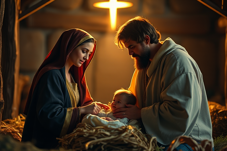 Create a serene nativity scene featuring Mary, Joseph, and baby Jesus in a softly illuminated stable, with a warm, radiant light highlighting their faces and an ethereal glow around them, taken with a Canon EOS R5, 50mm f/1.2 lens, ISO 100, aperture f/1.8, soft focus effect.