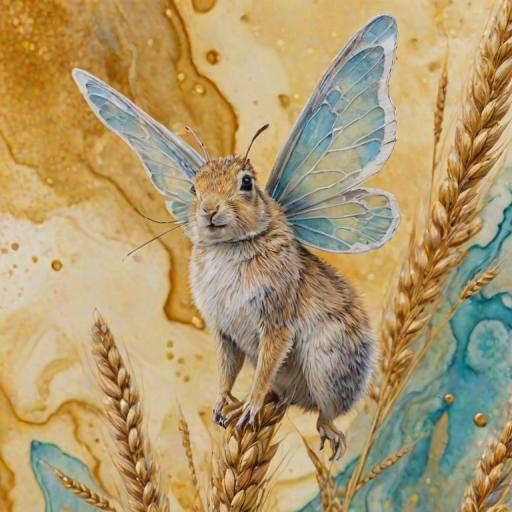 Soft, muted Alcohol Ink with ebru effect background image of tiny whimsical gazalle, who climbed high on the top of a golden rye ear.