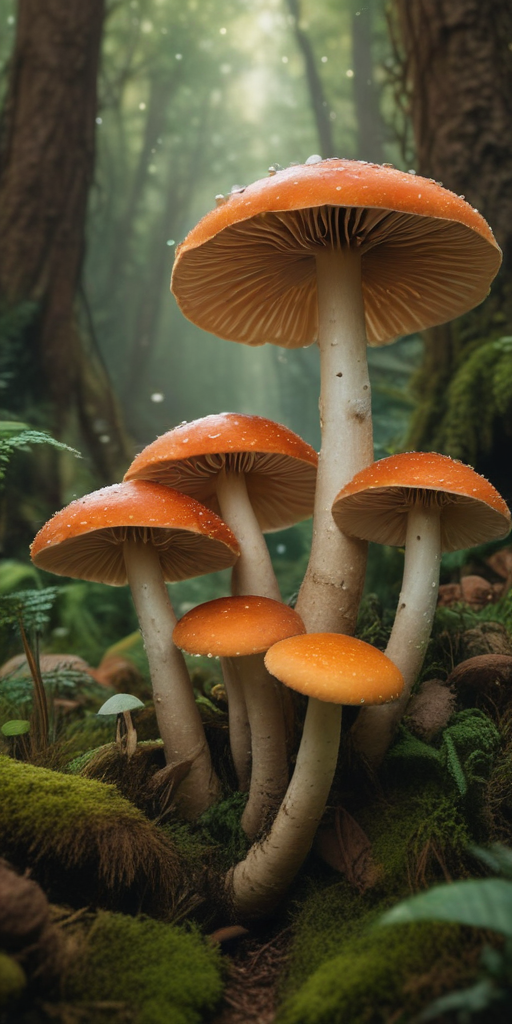 A Majestic Cluster of Vibrant Orange Mushrooms in a Lush Forest Setting