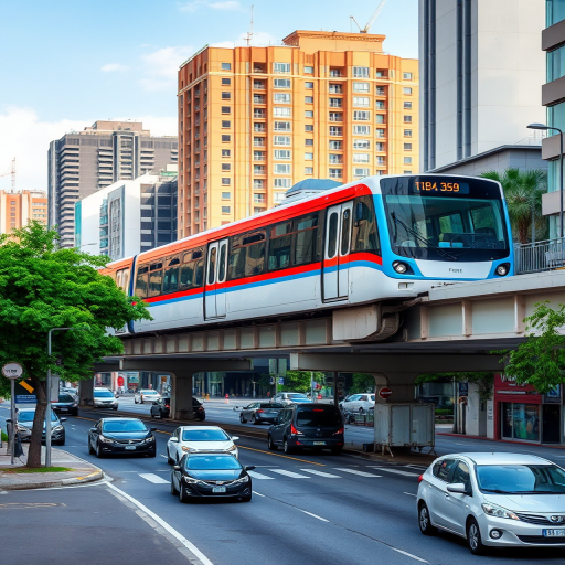 Generate a high-resolution urban scene showing a monorail passing over a busy street, with vibrant colors and clear details, shot with a DSLR camera at f/8 aperture, ISO 100, and a shutter speed of 1/250s, using a wide-angle lens to capture the full view from a slightly elevated perspective.