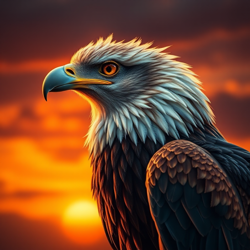 Create a high-resolution digital painting of a griffin with detailed feathers and sharp features, set against a dramatic sunset background, using a Canon EOS R5 with a 24-70mm f/2.8 lens, aperture set to f/8, shutter speed 1/250 sec, and ISO 100 for enhanced clarity and depth of field.