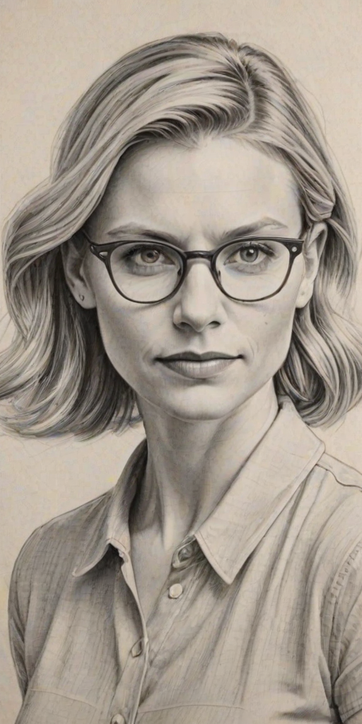 Stunning Claire Danes, pencil sketch, portrait of Fetching woman 1939s in glasses, hair style beatnik, outline, clear lines, fine lines, 8k