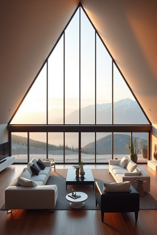 Interior of a modern loft-style living room with large triangular windows overlooking mountains, featuring minimalist furniture in white and black, warm ambient lighting, high dynamic range, shot with a DSLR camera, 35mm lens, aperture f/2.8, ISO 100, and a wide-angle view.