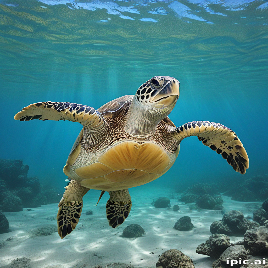A Majestic Sea Turtle Gliding Gracefully Through Crystal Clear Ocean Waters