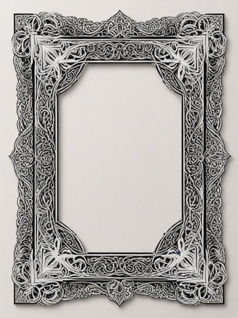 create a black and white geometric frame with intricate patterns at the corners and a blank center for text