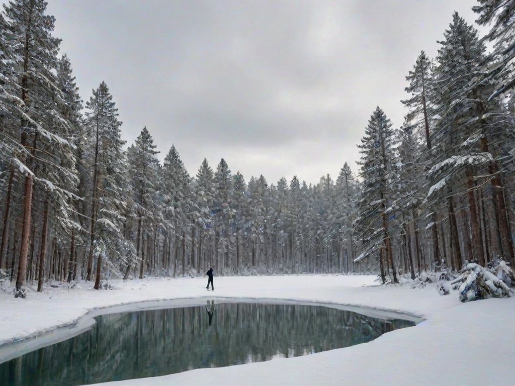 Tranquil winter landscape, with a snow-covered forest, tall pine trees blanketed in white, and a frozen pond in the foreground, with a single figure ice skating gracefully across the surface.