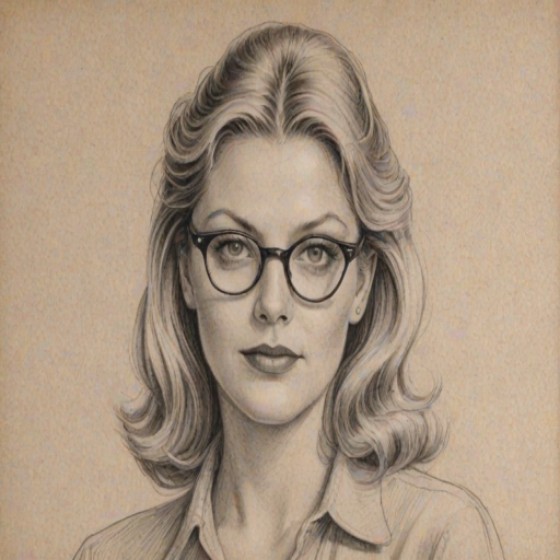 Captivating Sheryl Lee, pencil sketch, portrait of Sublime woman 1942s in glasses, hair style beatnik, outline, clear lines, fine lines, 8k