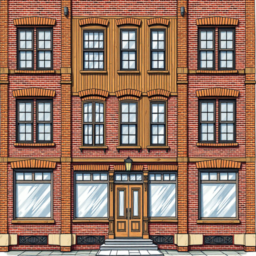 Create a detailed illustration of a five-story brick building with wooden texture, large windows, and a prominent entrance with double doors, using a 50mm lens, f/8 aperture, ISO 200 for sharpness, and overhead lighting to enhance details.