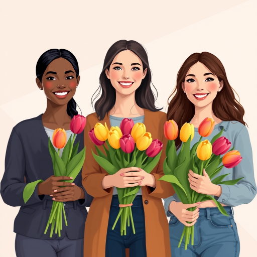Generate an illustration of three diverse women holding bouquets of tulips, with vibrant colors and friendly expressions; use a Canon EOS R5 with a 50mm lens, aperture f/1.8, ISO 100, and a natural light setting for enhanced clarity and warmth.