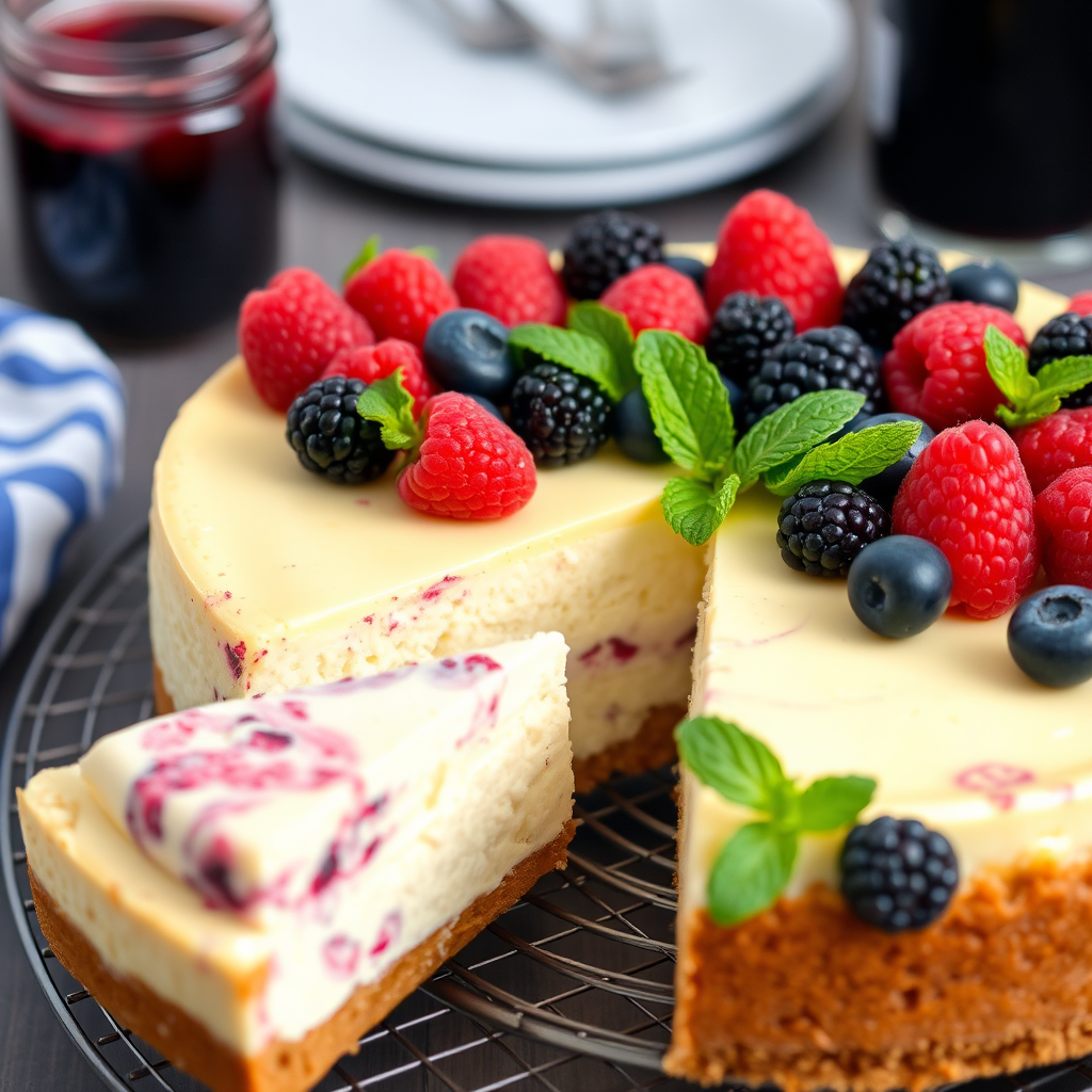 A delicious cheesecake topped with a variety of fresh berries including raspberries blackberries and blueberries garnished with mint leaves on a cooling rack with a slice cut out revealing the creamy texture inside alongside a jar of berry sauce in the background
