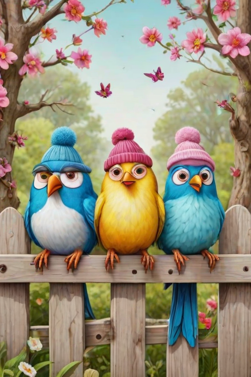create a scene of 4 quirky  whimsical colourful comical birds each with a funny expression. they are sat on a wooden fence with colourful flowers. they are all different sizes. each one is a different colour  one is wearing a woolly hat. Each one has a different quirky google expression and there is a muted background of trees watercolour paintierly style high definition 8k resolution 3D paper mache