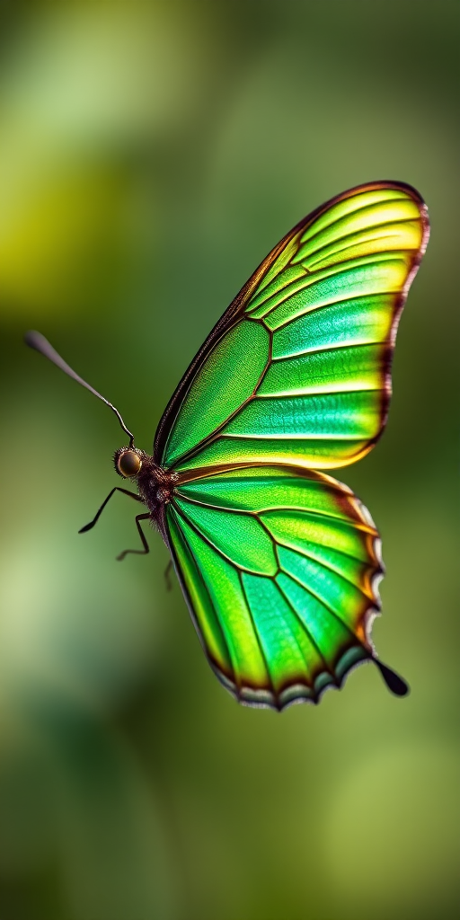 close-up of a vibrant green butterfly with iridescent wings, soft focus background with radial blur, natural lighting, aperture f/2.8, shutter speed 1/200s, ISO 100, macro lens, DSLR camera