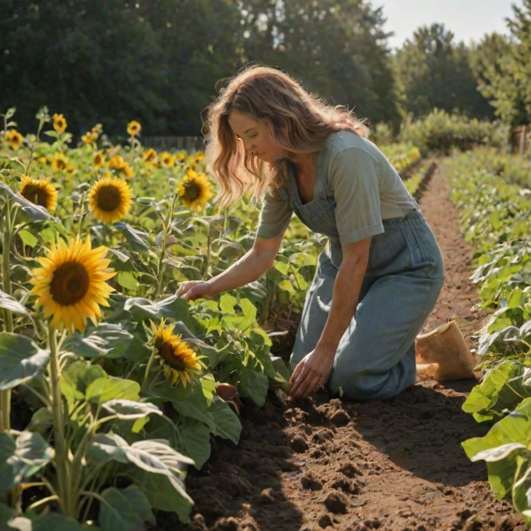 Sun-drenched garden, with tall sunflowers swaying gently in the breeze, a woman kneels by a row of vegetables, her hands covered in dirt as she harvests fresh produce.