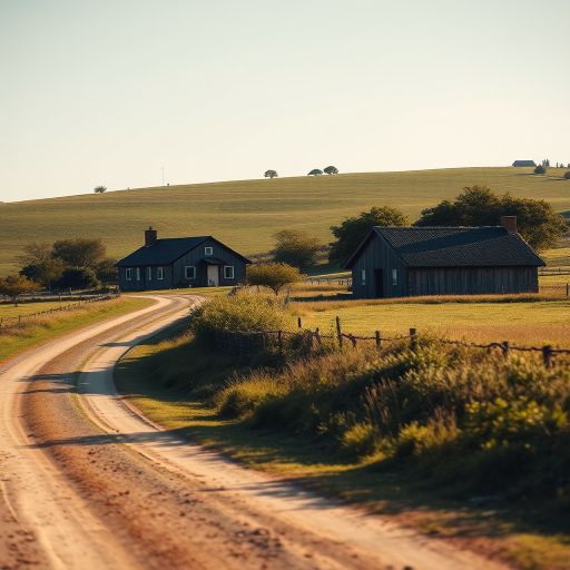 Generate a serene landscape of a quaint countryside with two rustic houses, surrounded by lush greenery and a winding dirt road, in soft sunlight, with a shallow depth of field, iso 100, aperture f/4, shutter speed 1/125s, shot from a low angle with a full-frame DSLR camera.