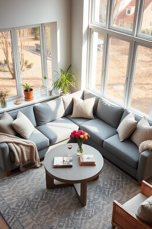 Capture a cozy living room scene with a gray sectional sofa adorned with soft pillows and a textured throw, a round coffee table with drinks and flowers on it, natural light streaming through large windows, use a Canon EOS R5 with a 24mm lens, aperture f/2.8, ISO 200, top-down view, soft focus for a warm ambiance.