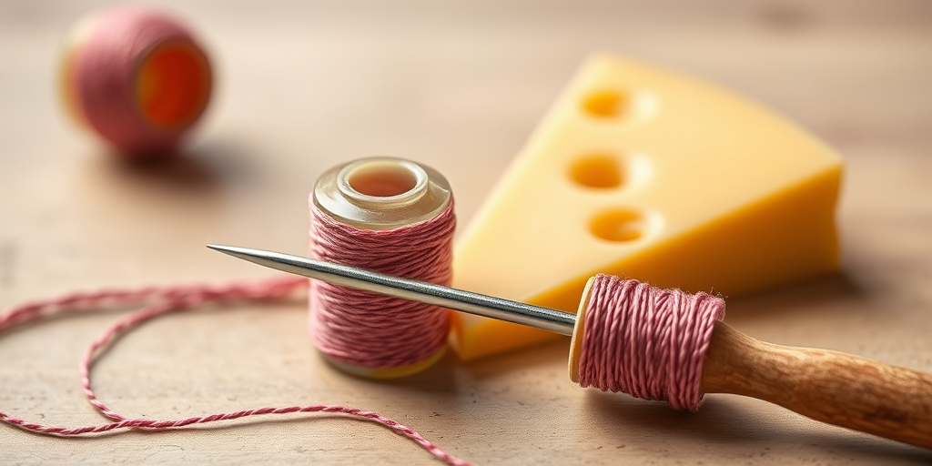 Create a minimalist illustration of a sewing needle and thread with a slice of cheese in the background, use a Canon EOS R5 with a 50mm lens, aperture f/1.8, ISO 100, natural lighting, and a flat lay perspective to enhance image quality.