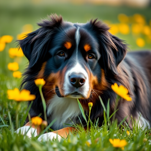 A Bernese Mountain Dog lying in a grassy area with yellow flowers in the background, captured in soft natural light, using a DSLR camera with a 50mm lens, f/1.8 aperture, ISO 200, and a shallow depth of field for enhanced focus on the dog.