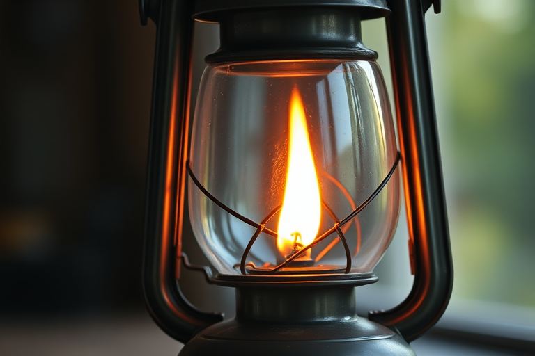 create a highly detailed image of a vintage oil lantern with a flame visible inside, captured in a close-up view using a DSLR camera, aperture set to f/2.8 for a shallow depth of field, ISO 100 for minimal noise, and a shutter speed of 1/125 seconds to capture fine details and enhance image quality