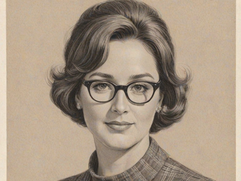 Attractive Phyllis Smith, pencil sketch, portrait of Splendid woman 1962s in glasses, hair style beatnik, outline, clear lines, fine lines, 8k